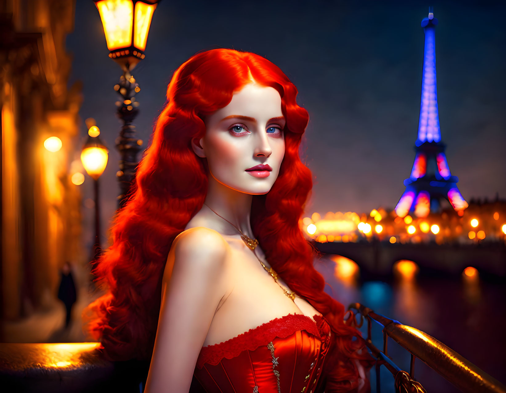 Vibrant digital art: woman with red hair, Eiffel Tower backdrop