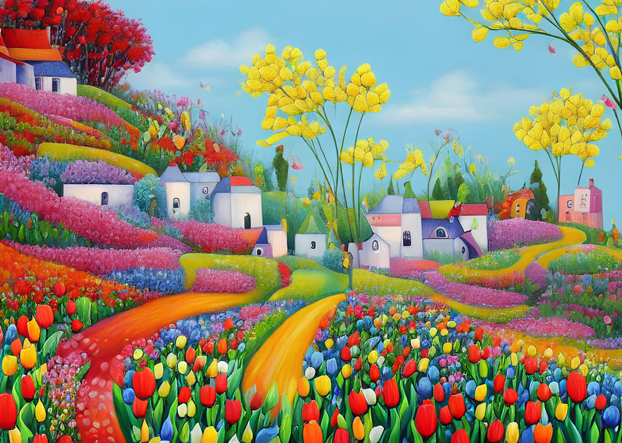 Colorful Landscape with Whimsical Houses and Blooming Flowers