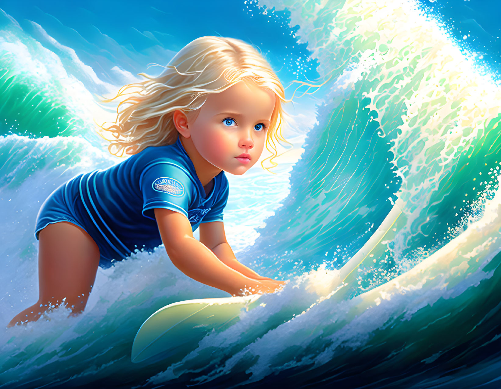 Blonde girl in blue wetsuit surfing vibrant animated wave