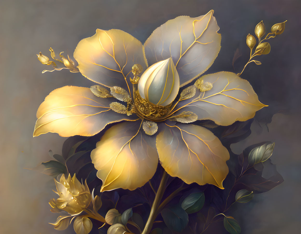 Golden floral painting with luminescent pearl center and detailed veins against misty background