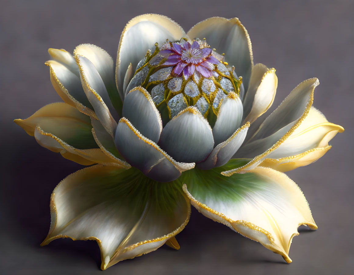 Detailed Lotus Flower with White and Gold Petals, Purple and Green Center, Dew Droplets