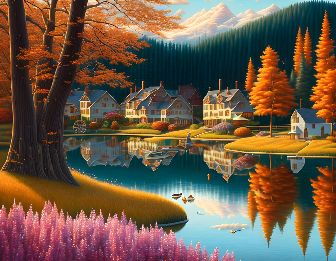 Tranquil autumn landscape with reflective lake and colorful trees