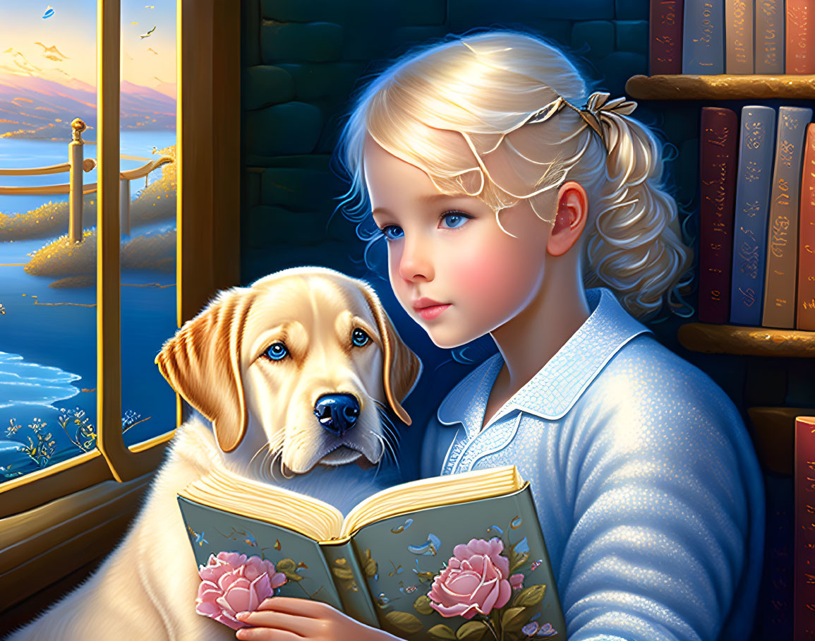 Blonde girl reading book with golden Labrador in sunset-lit room