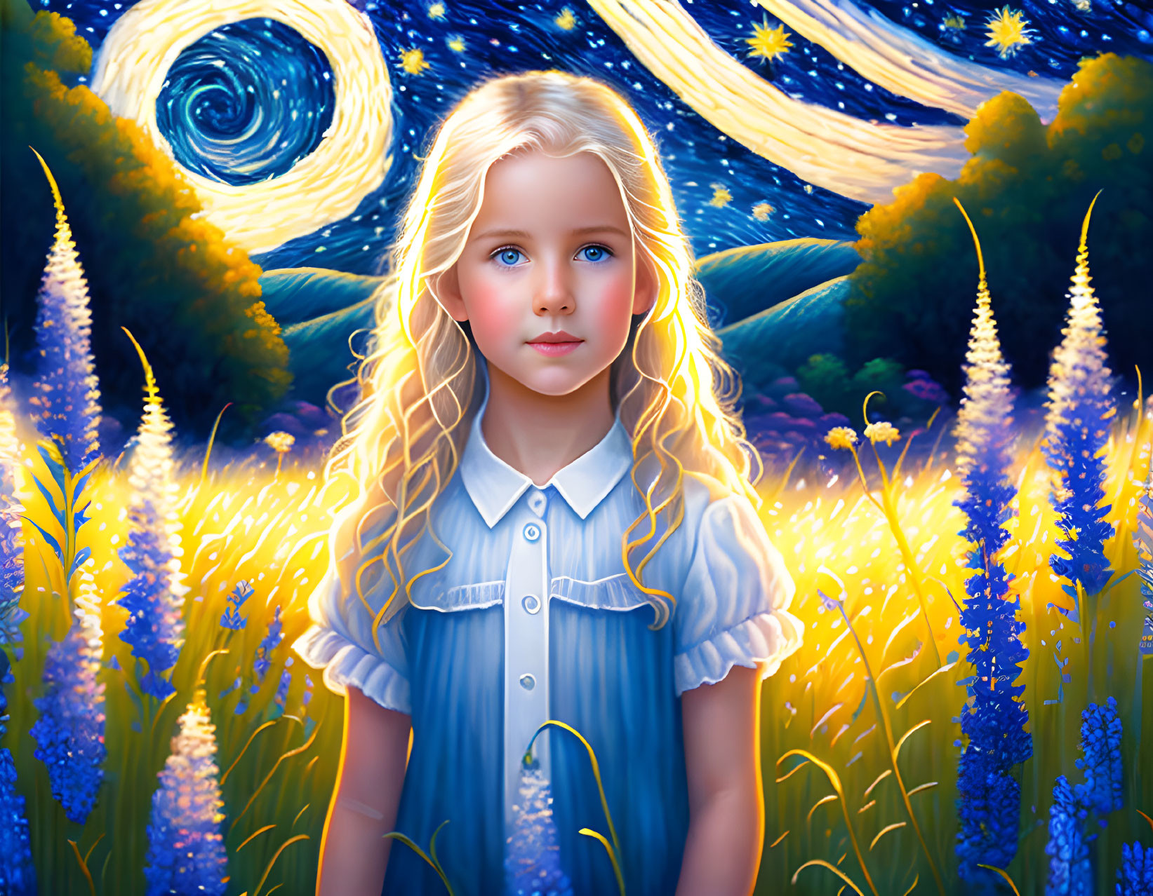 Blonde Girl in Purple Flower Field Under Starry Night Sky