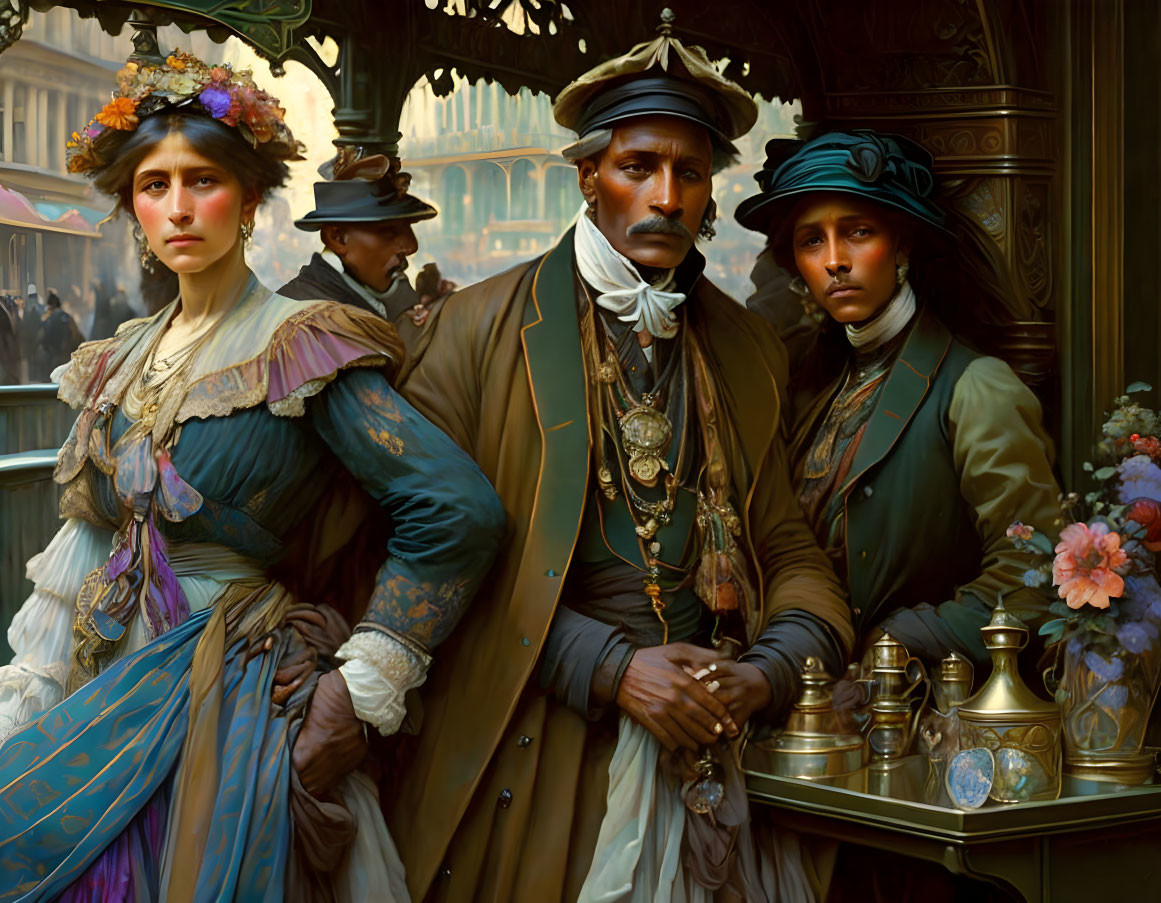 Victorian-era scene with two women and a man in front of ornate shop