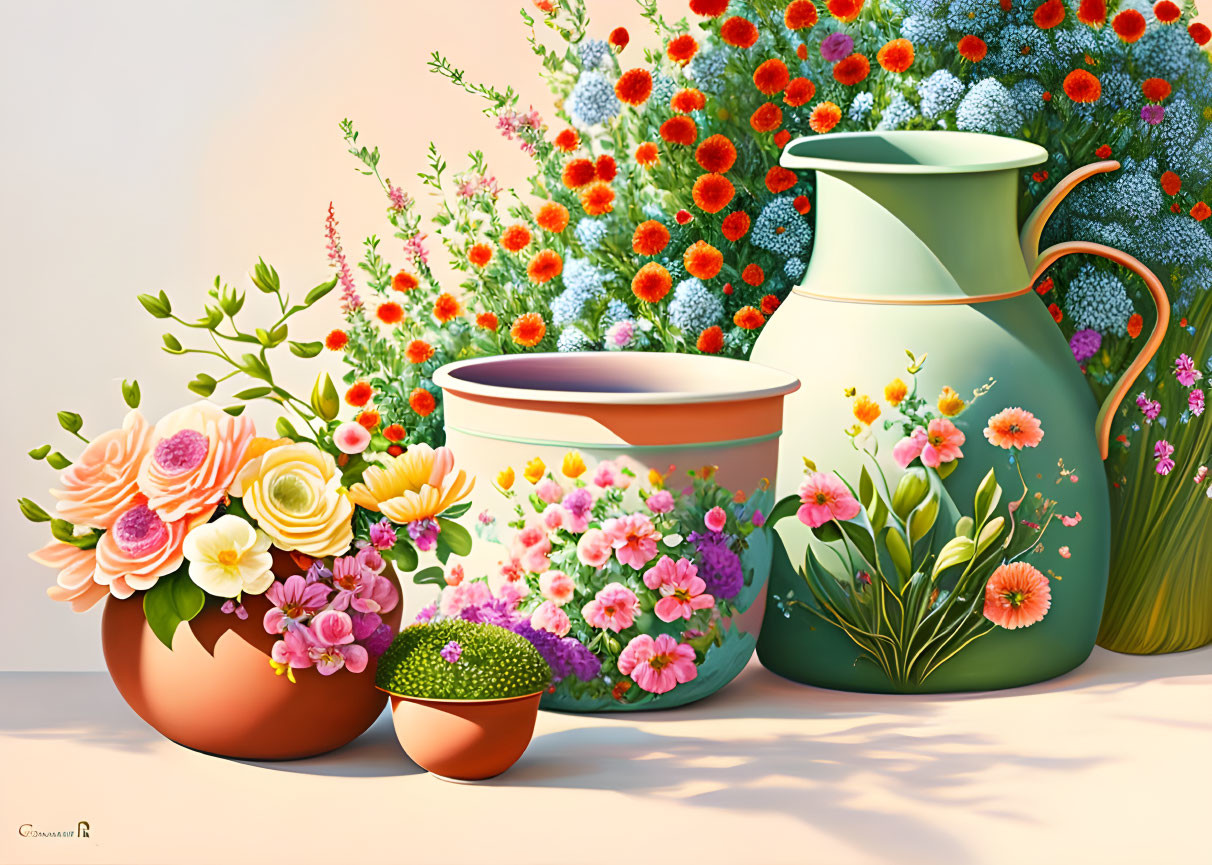 Vibrant Flowers Still Life Painting with Pots and Jug