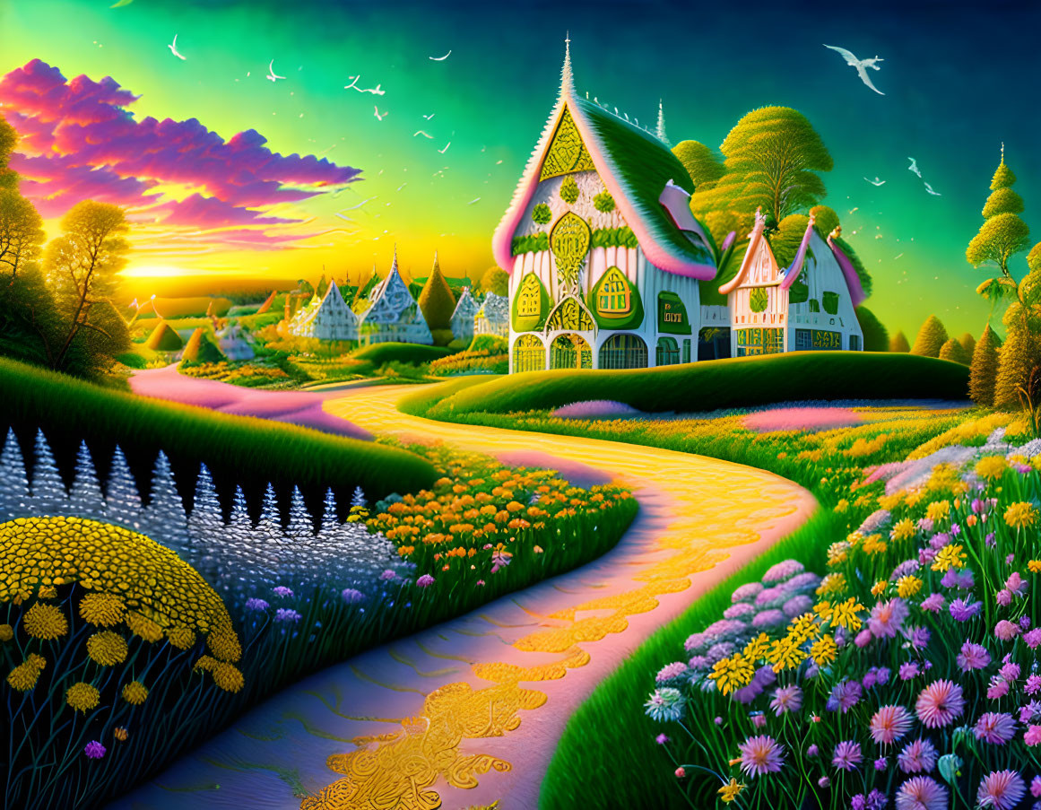 Colorful fantasy landscape with whimsical houses, flowering paths, sunset sky, birds, and lush green