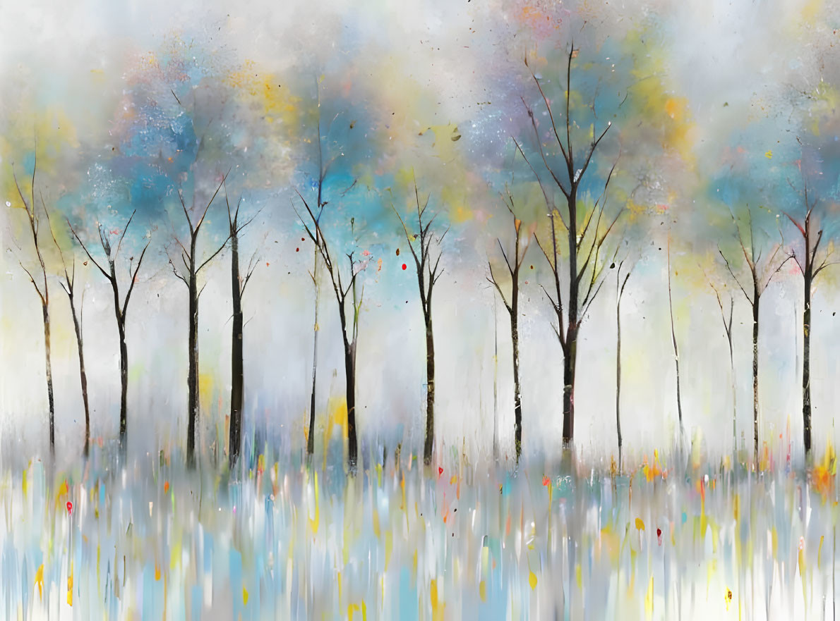 Abstract painting of dreamy forest with bare trees and colorful splotches for leaves and flowers in soft