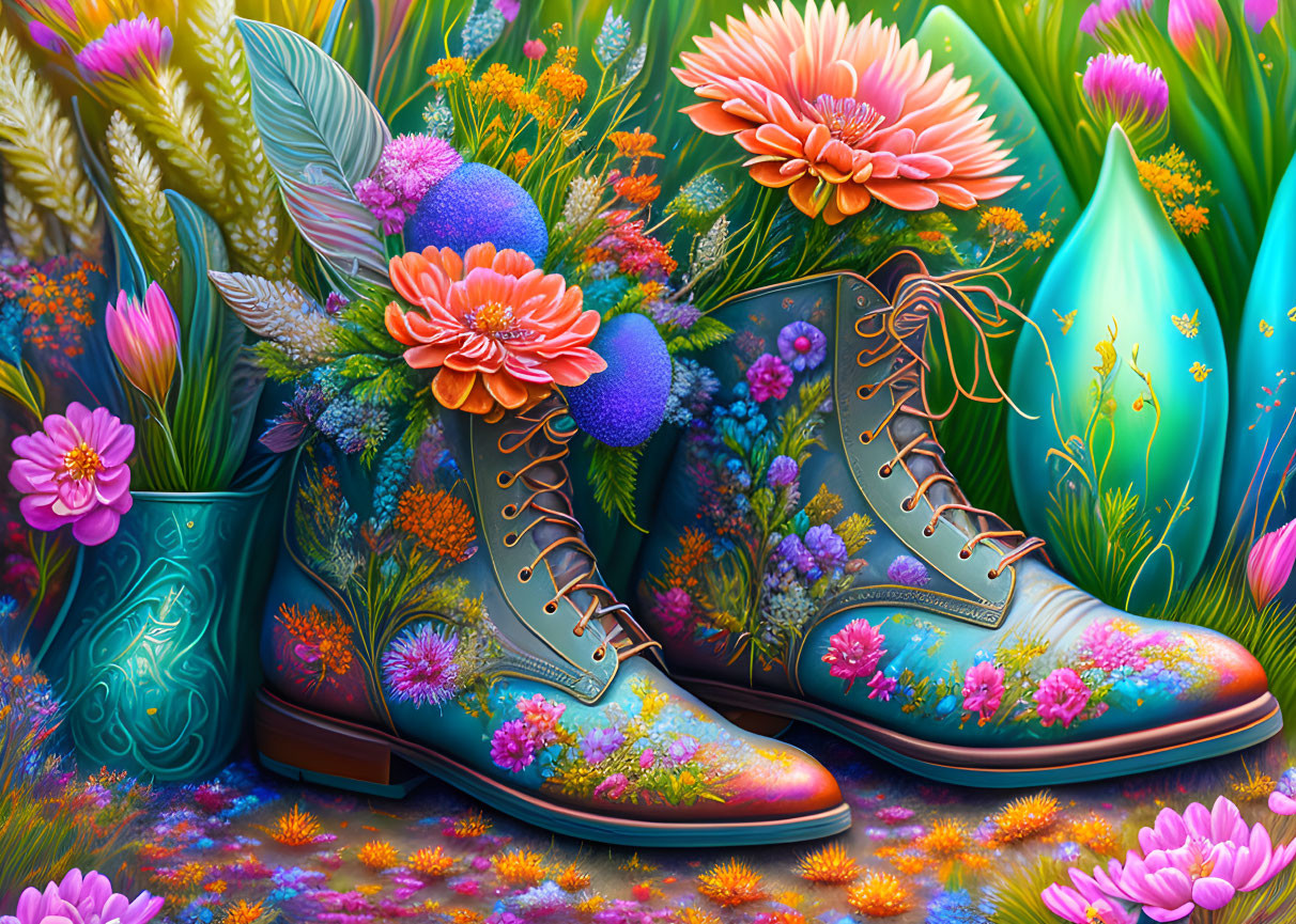 Floral-patterned painted boots among vibrant flowers