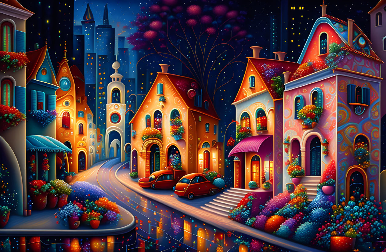 Colorful night scene: whimsical town, glowing buildings, parked cars, fireworks.