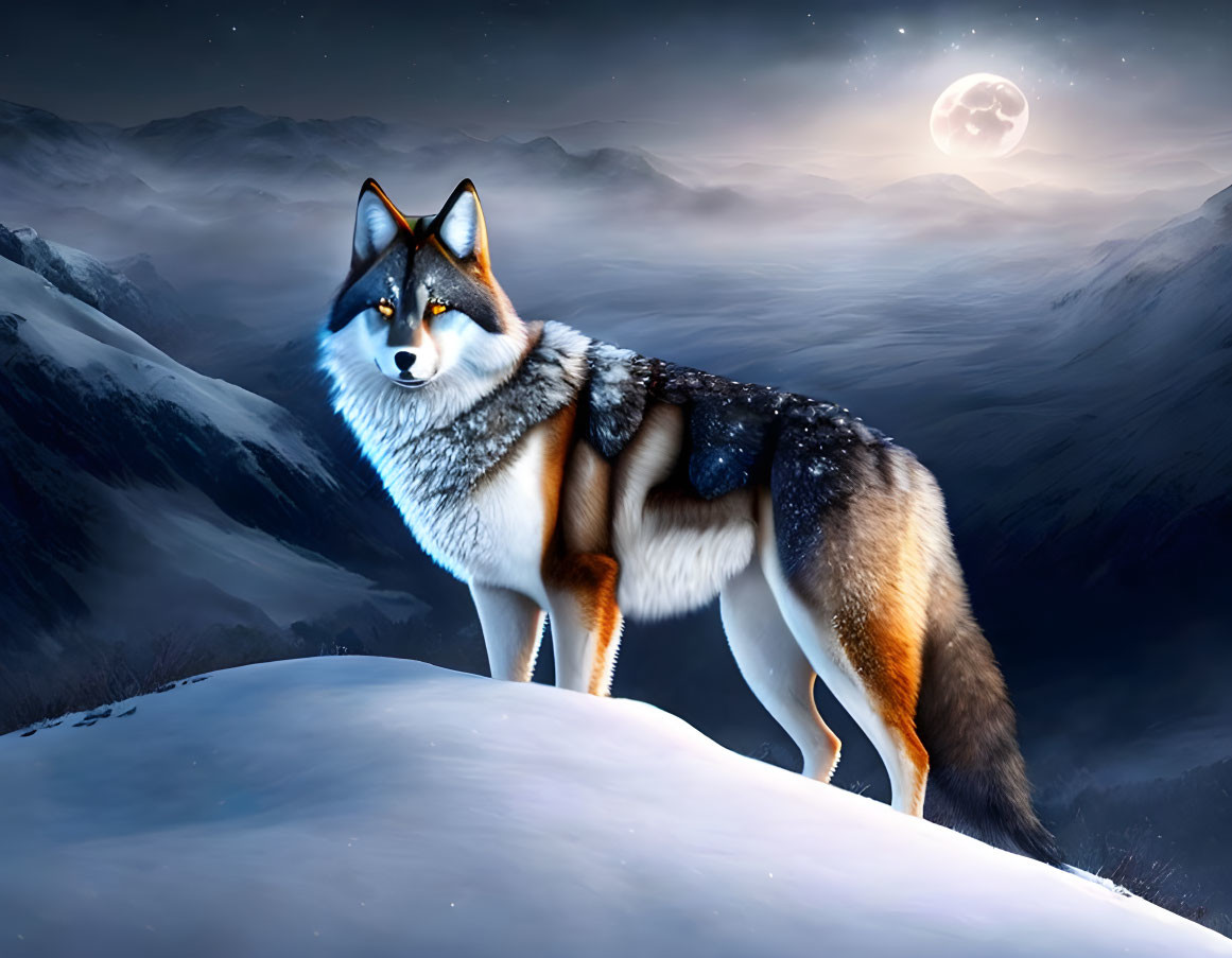 Majestic wolf with starry night sky fur on snowy mountain.