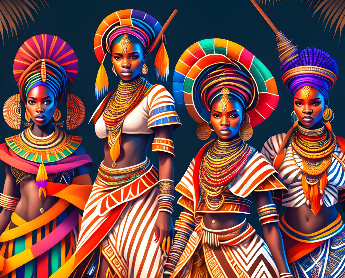 Four women in traditional African attire with intricate jewelry, set against tropical backdrop