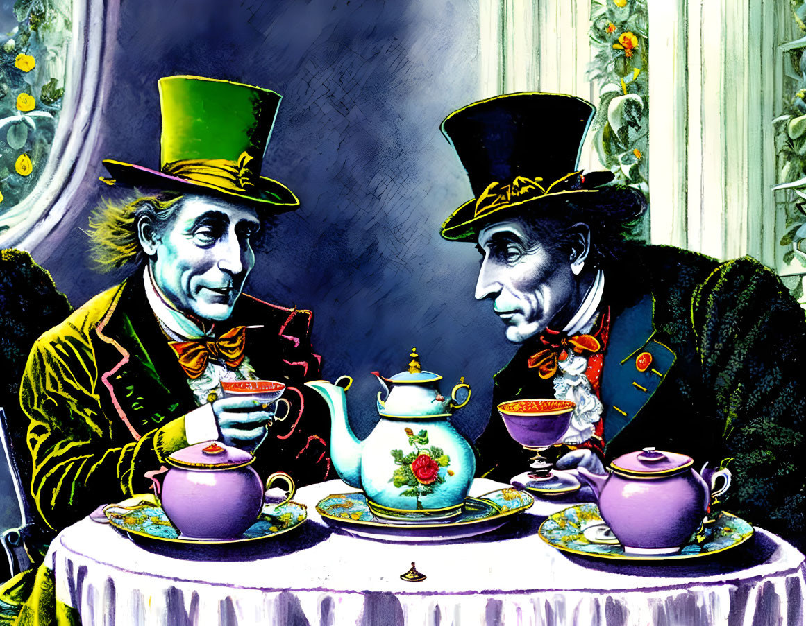 Whimsical characters in large top hats having tea