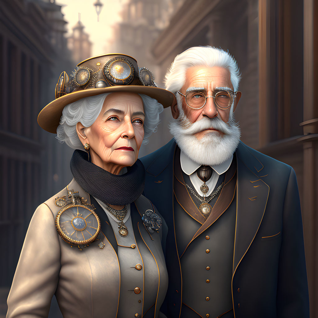 Elderly Couple in Victorian-Era Attire with Meticulous Details