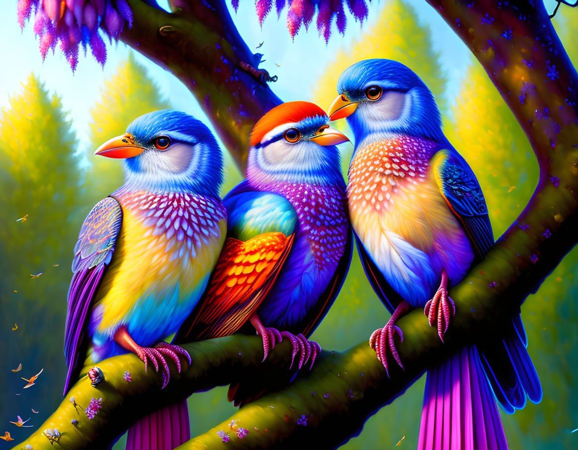 Colorful Birds Perched on Branch in Vibrant Forest