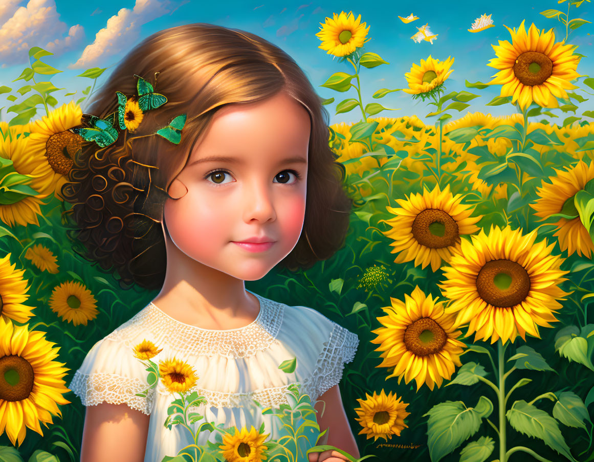 Young girl with butterfly in hair among sunflowers under blue sky