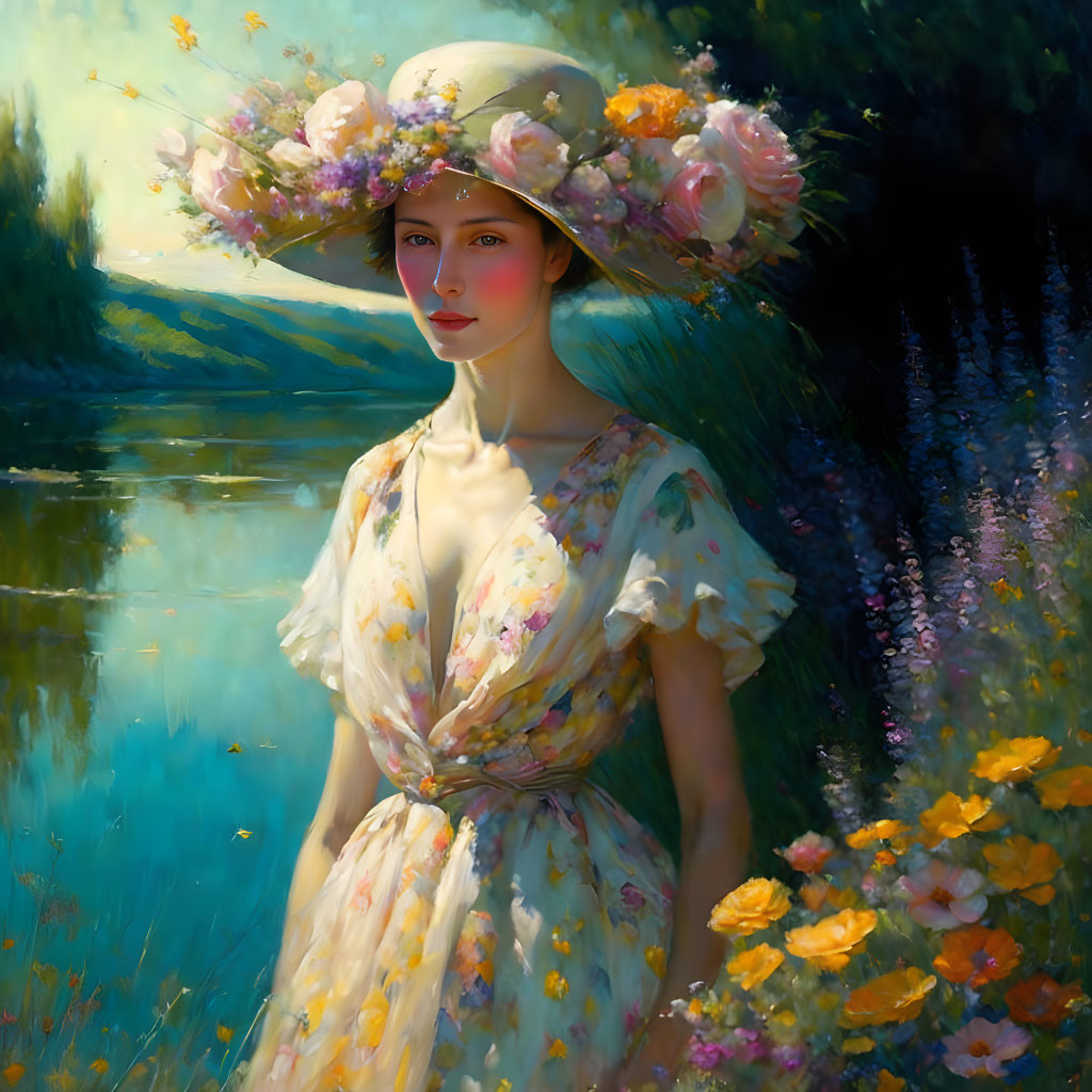 Woman in floral dress and hat by river in lush setting