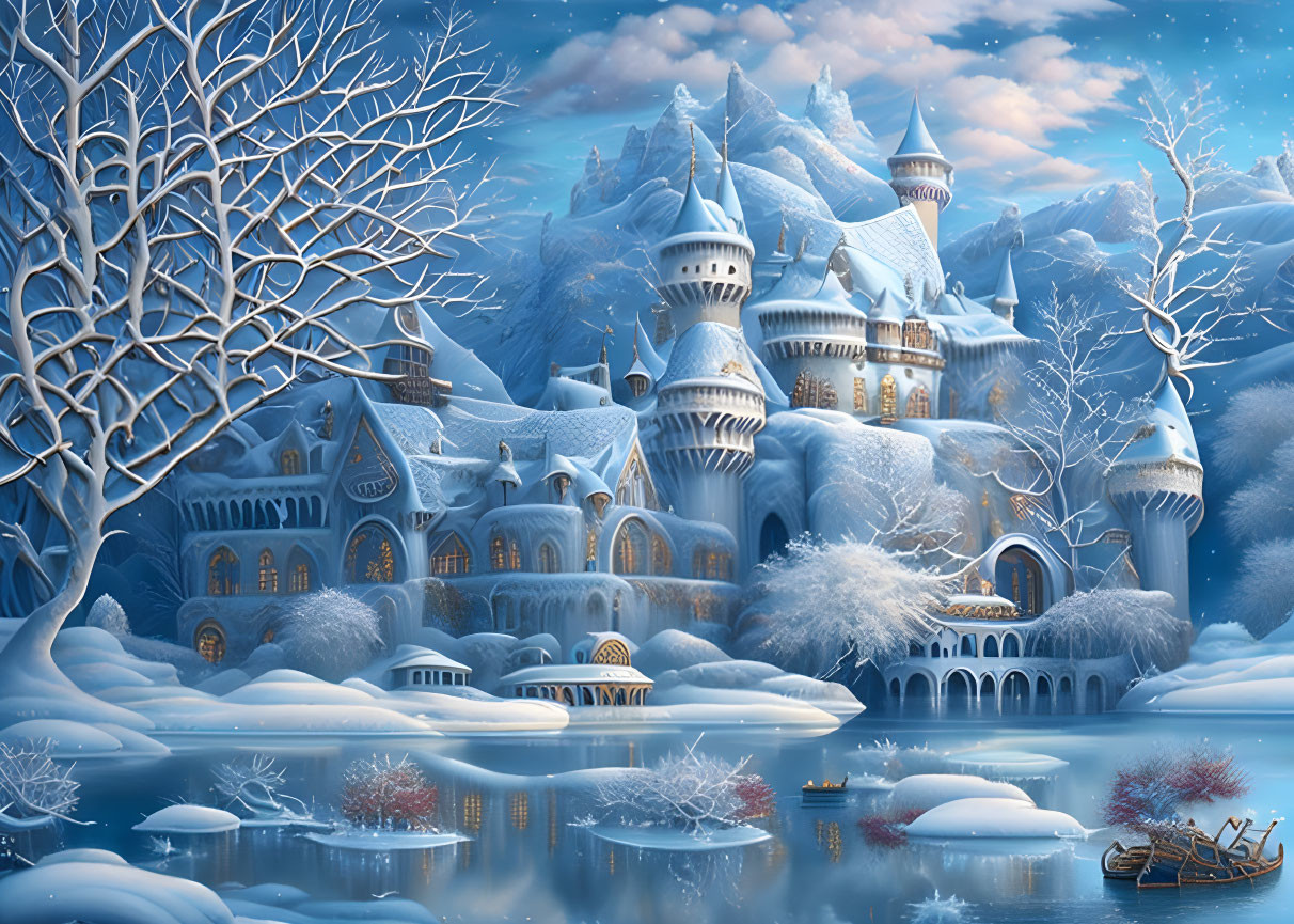 Snow-covered fantasy castle in winter twilight