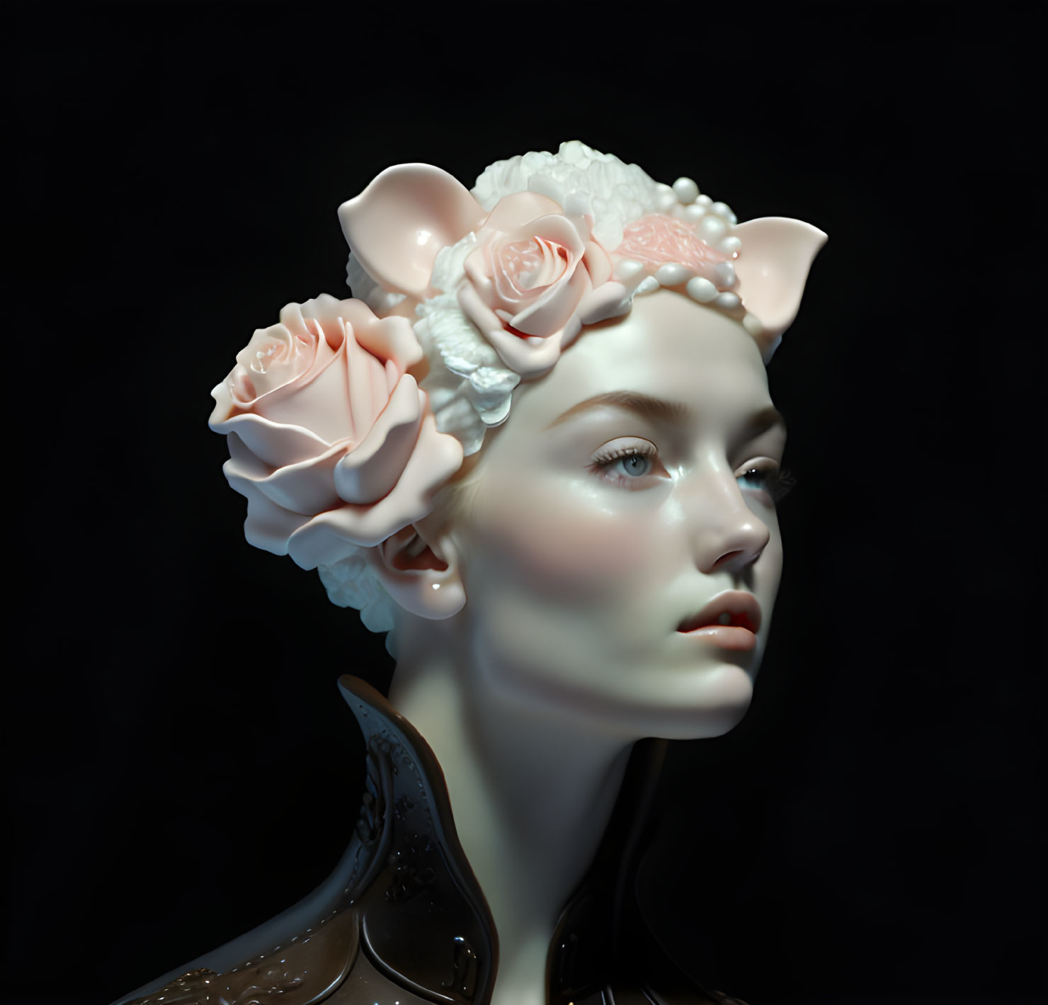 Digital artwork of woman's profile with peach roses and white floral headpiece on dark background