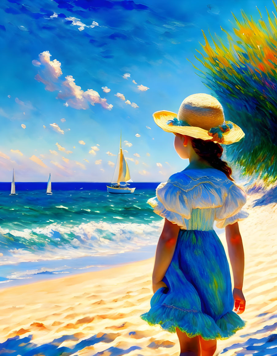 Girl in straw hat admires sailboats on sunny beach with blue skies.