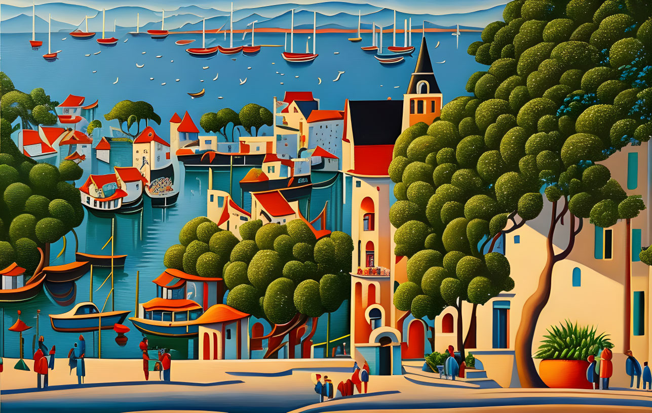 Colorful coastal village painting with sailboats and lush green trees