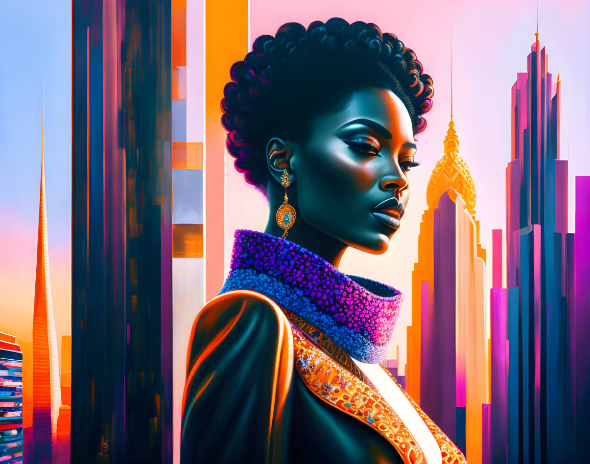 Colorful digital artwork of woman with afro in elegant attire against sunset cityscape.