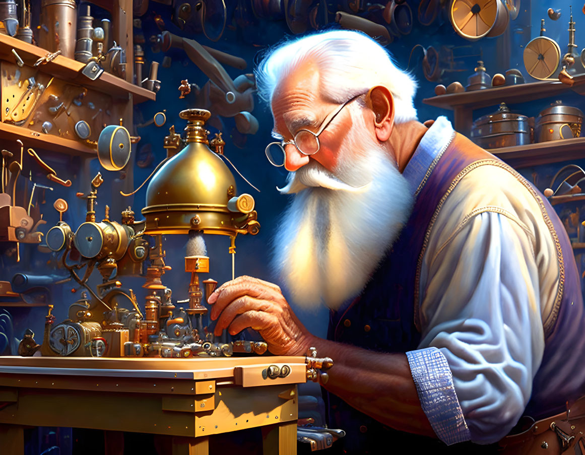 Elderly man in workshop with brass gears constructing mechanical device