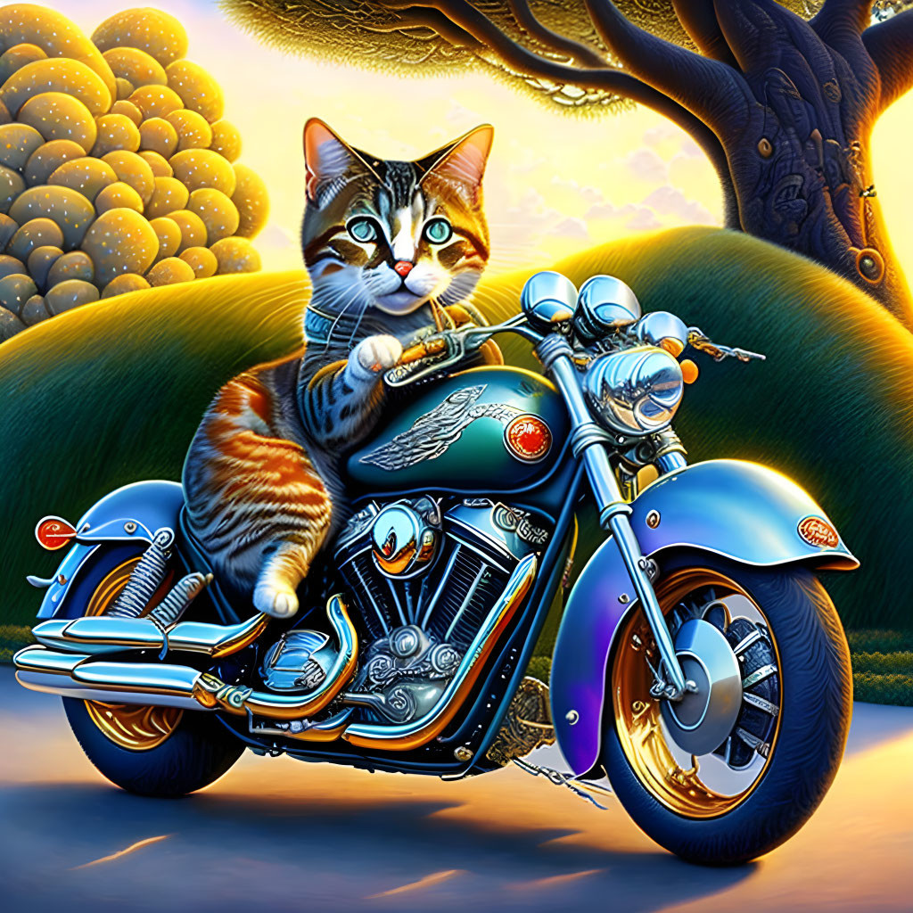 Tabby cat with bandana and cigar on motorcycle in whimsical sunset landscape