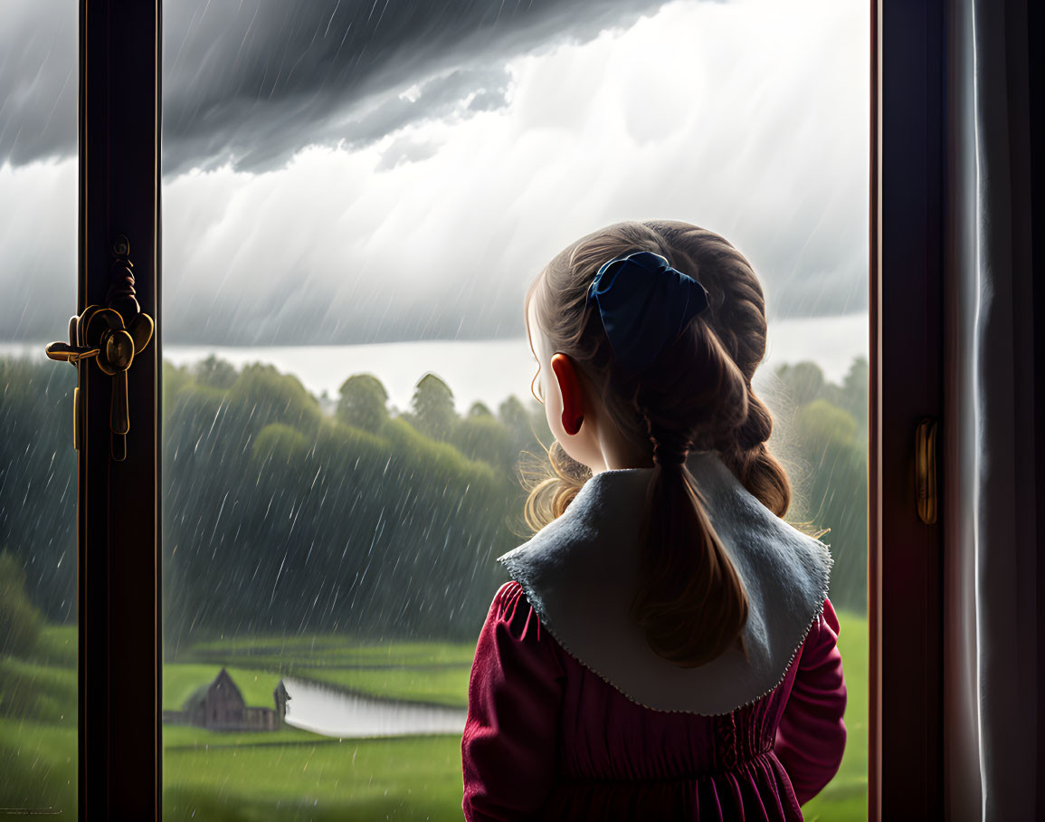 Young girl with blue bow looking out open window at rainy landscape