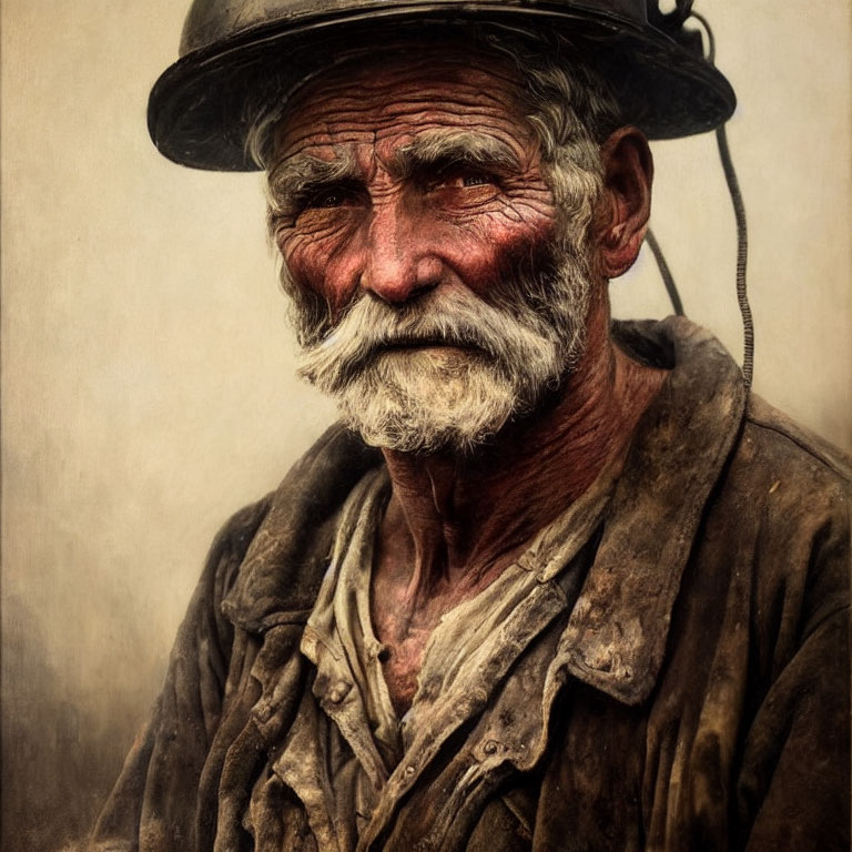 Weathered-faced elderly man in hat and worn clothes looks pensive