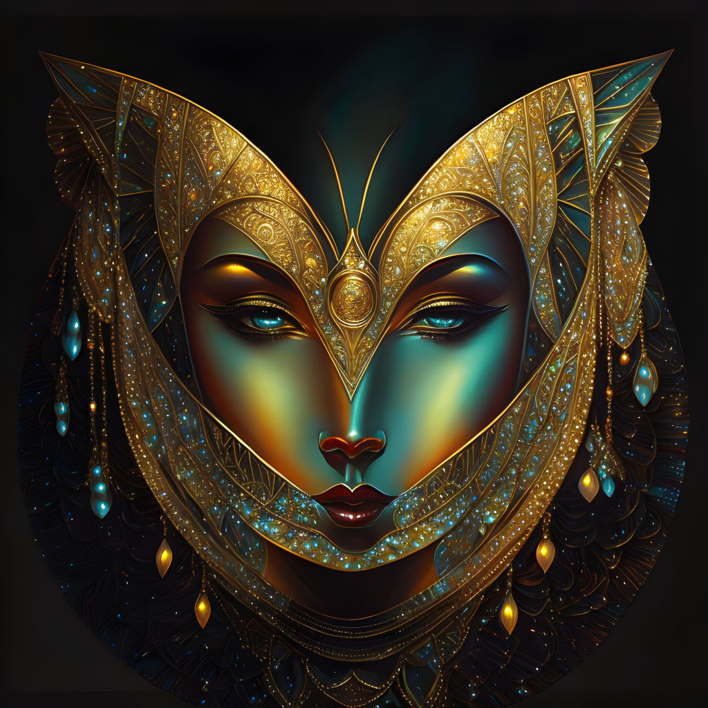 Ornate golden headdress on glowing blue face with jeweled teardrops