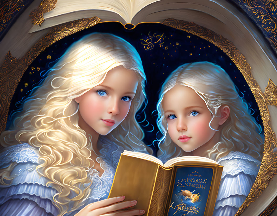 Ethereal girls with blue eyes and blonde hair in circular vignette.