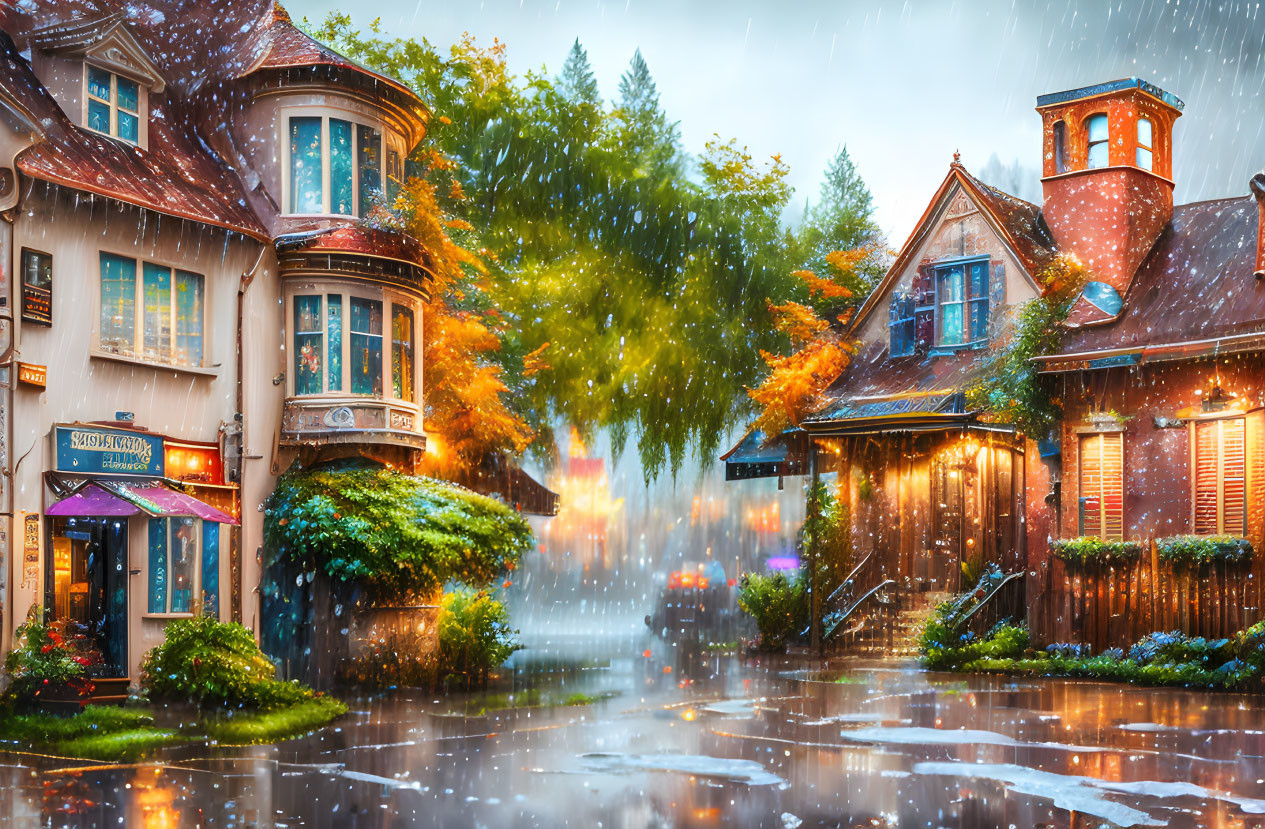 Picturesque street scene with wet pavement and warm street lights in heavy rain.