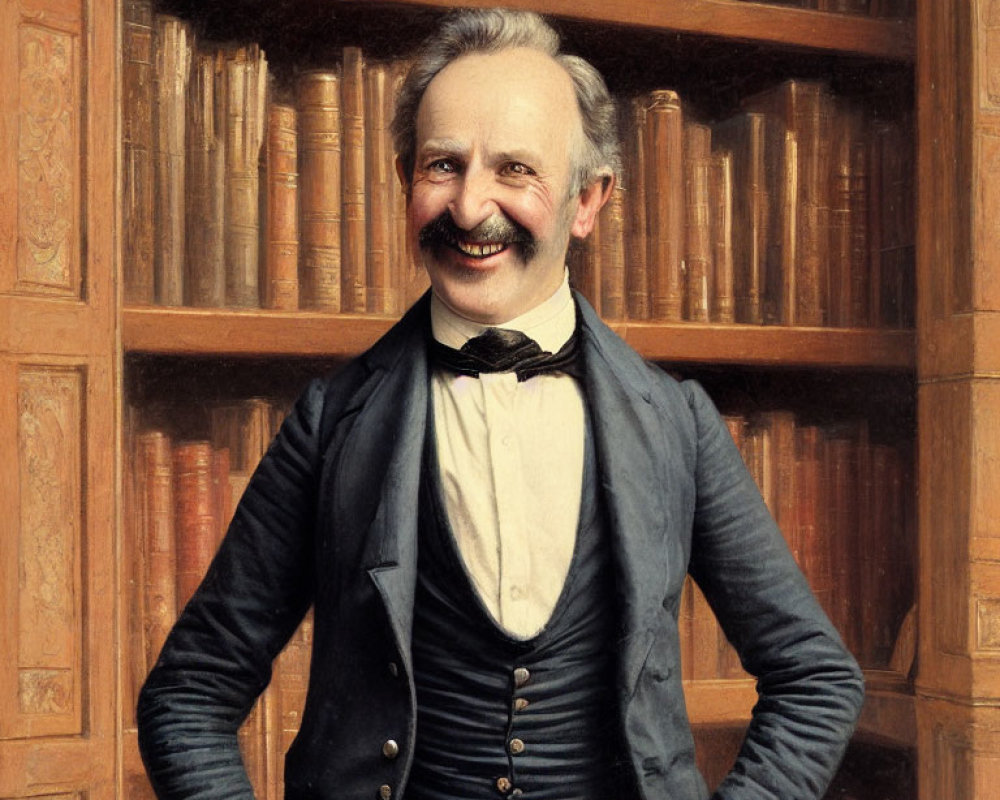 Smiling gentleman in black coat and bowtie by bookshelf