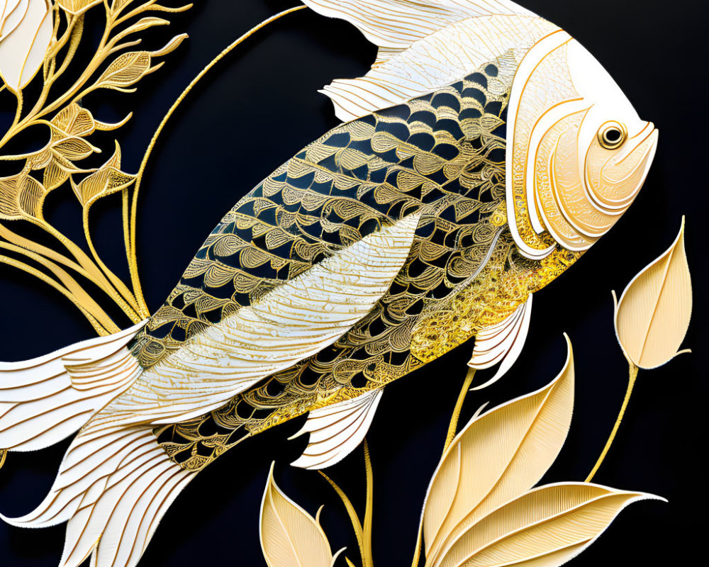 Intricate Golden Fish Illustration on Black Background