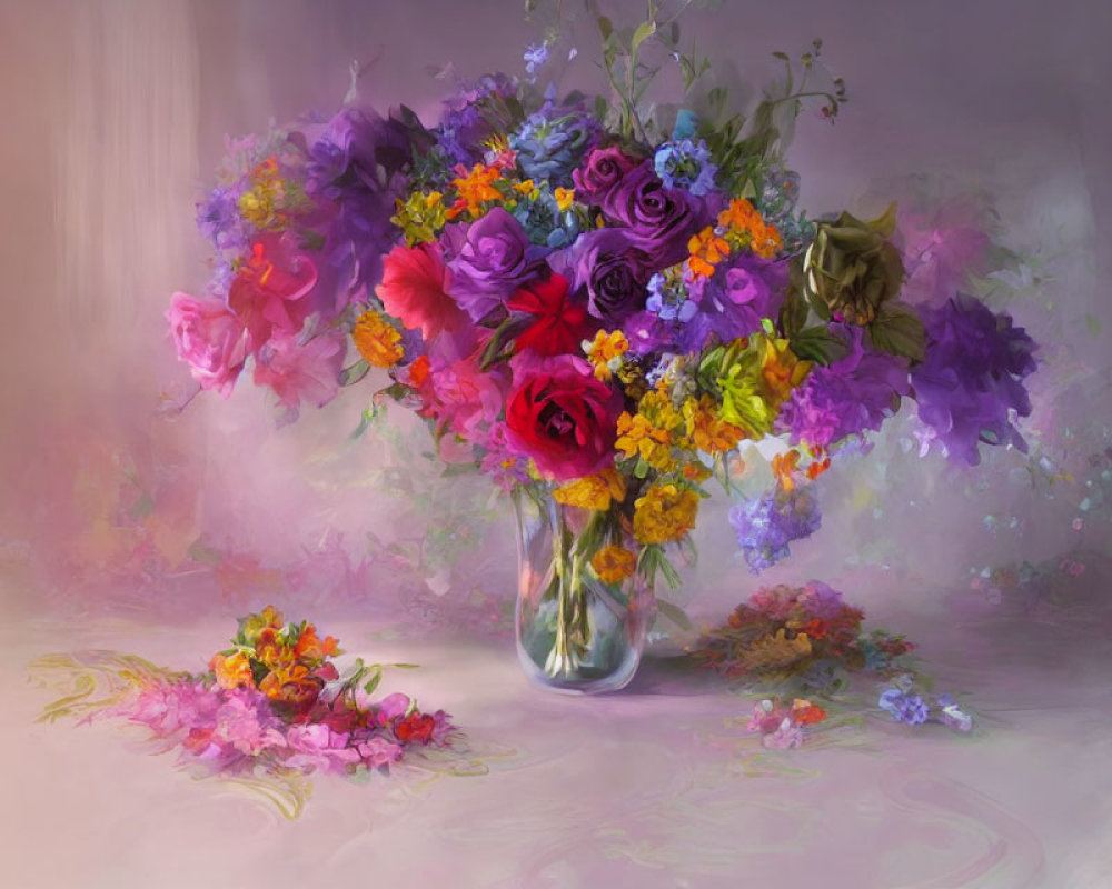 Multicolored Flower Bouquet in Glass Vase on Pastel Background