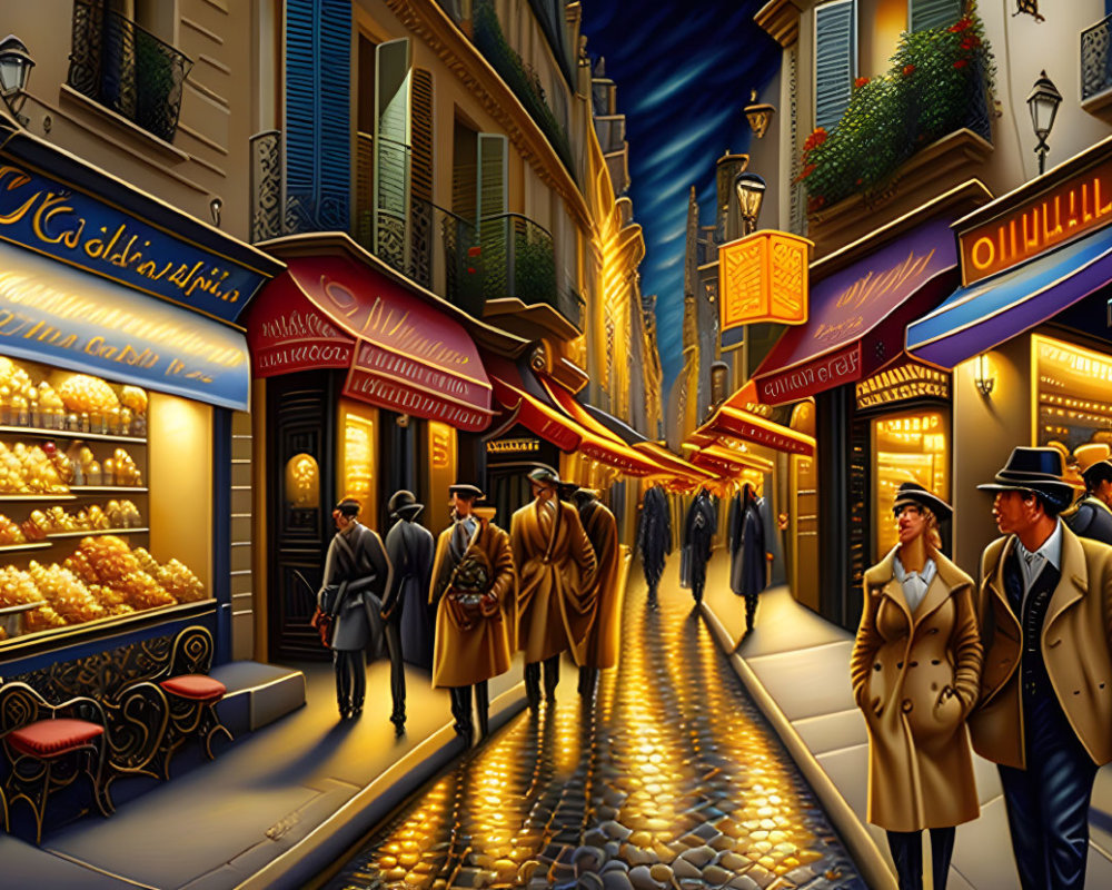 Illustrated evening street scene with shops, restaurants, and elegantly dressed pedestrians.