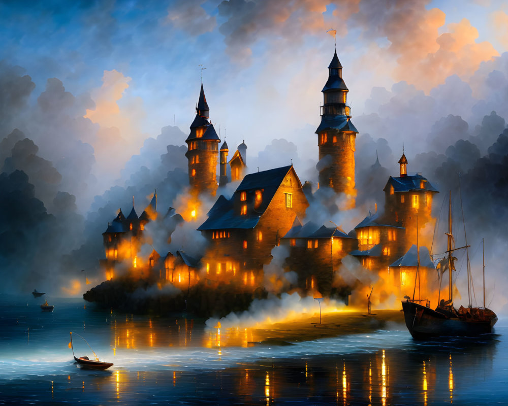 Majestic castle by misty water with sailboats and dramatic sky