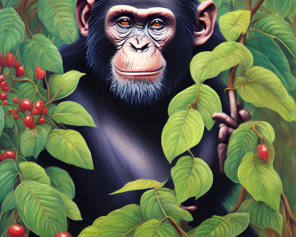 Chimpanzee observing red berries in lush green foliage