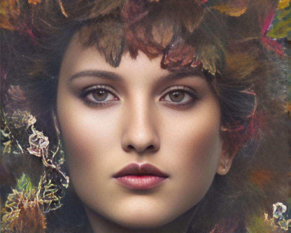 Portrait of a Woman with Autumn Leaf Crown and Serene Expression