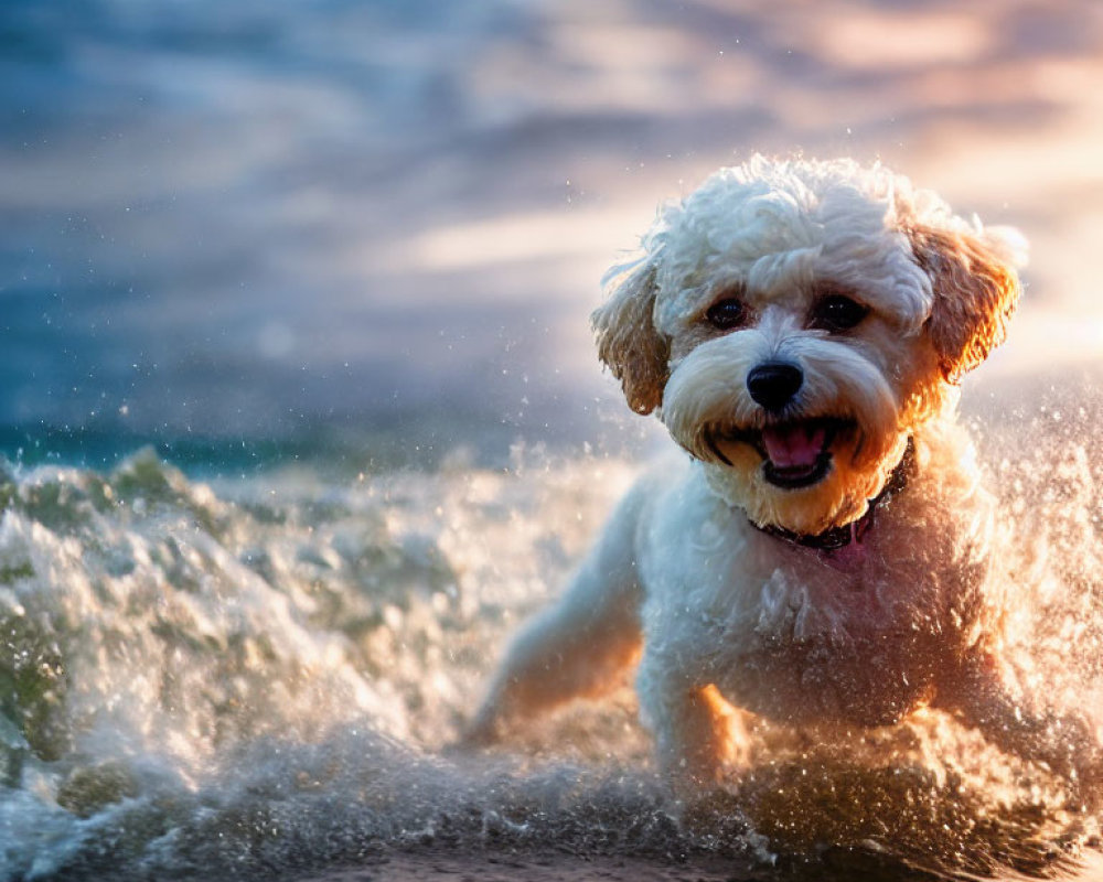 Curly white dog splashes in water under sunlight