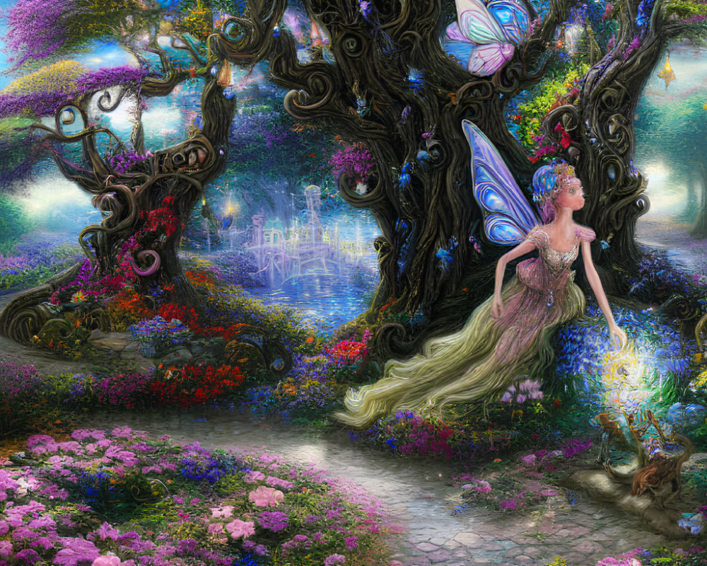 Radiant fairy in lush garden with whimsical lanterns