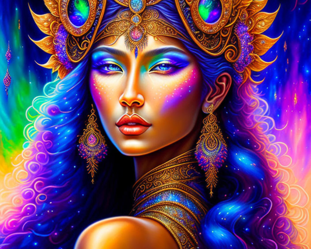 Colorful Illustration: Woman with Blue Skin and Golden Headdress