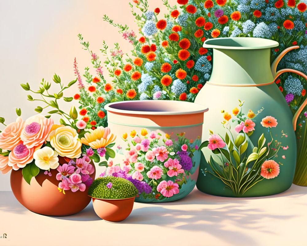 Vibrant Flowers Still Life Painting with Pots and Jug