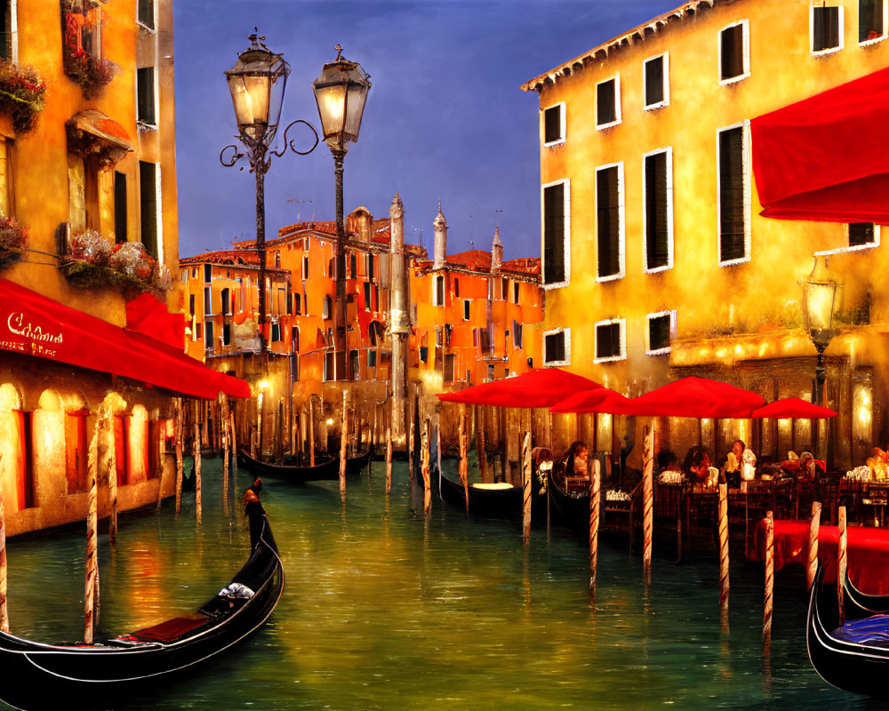 Vibrant Venice evening: gondolas, outdoor dining, illuminated buildings