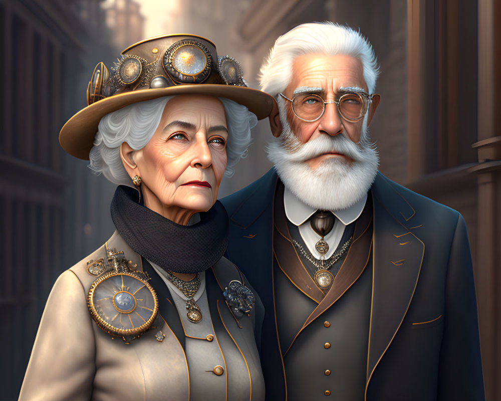 Elderly Couple in Victorian-Era Attire with Meticulous Details