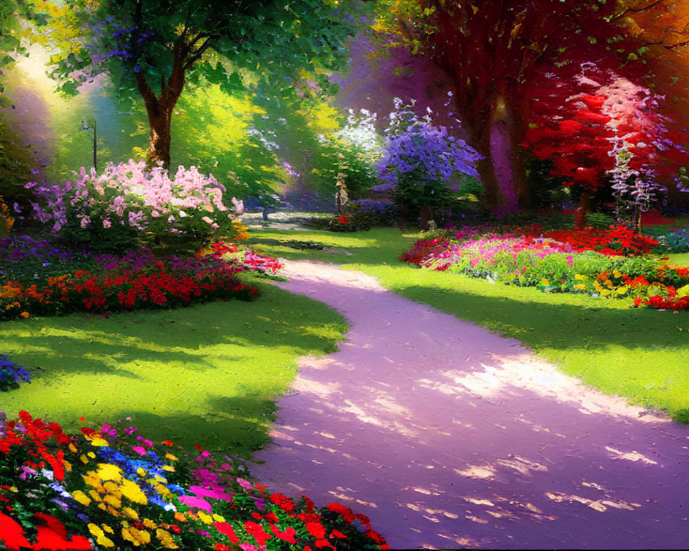 Colorful Flower Garden Path under Soft Glowing Light