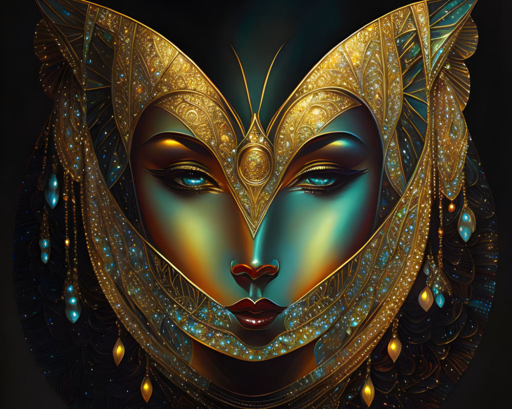 Ornate golden headdress on glowing blue face with jeweled teardrops