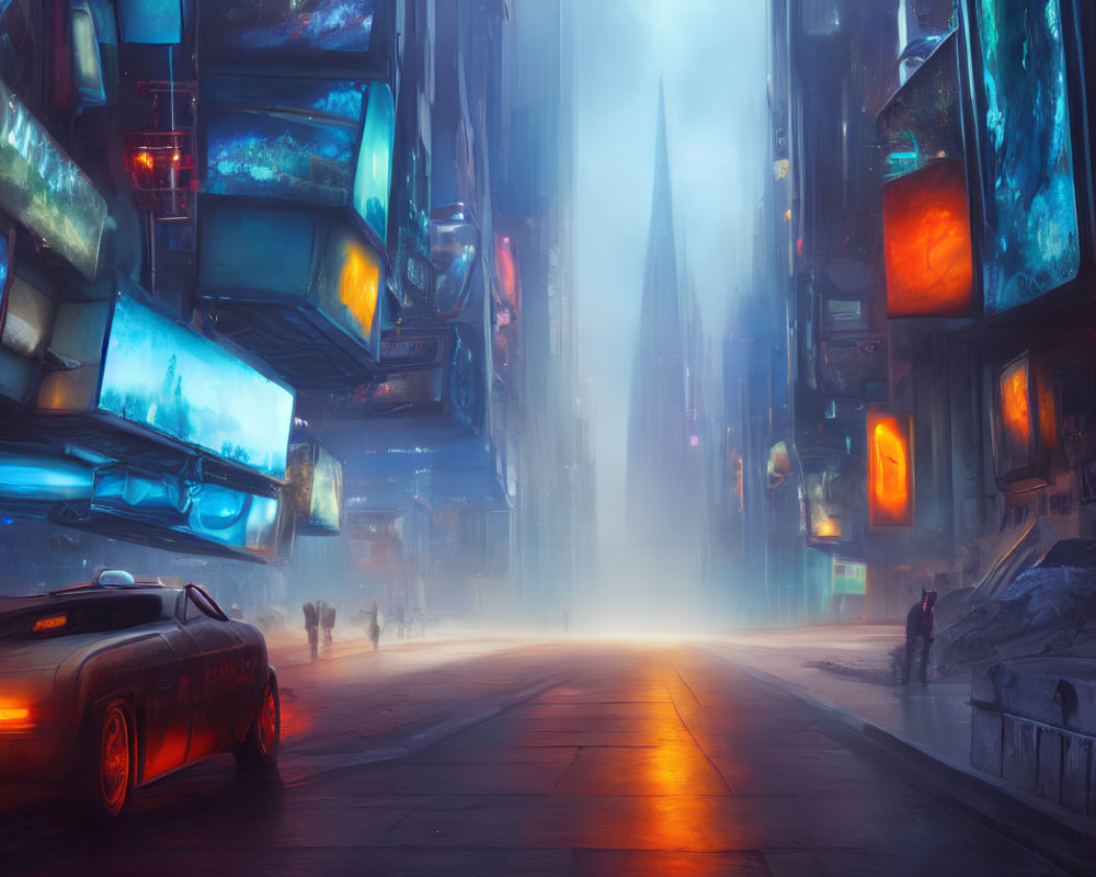 Futuristic cyberpunk cityscape with neon signs, sleek car, pedestrians, and foggy skyline