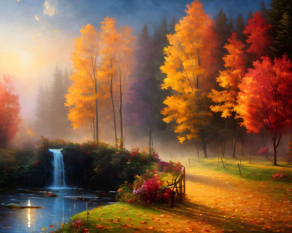 Tranquil autumn landscape with waterfall, pond, fall foliage, and misty ambiance